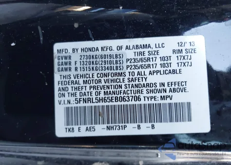 2014 Honda Odyssey Ex-L z USA, uszkodzony, nr VIN 5FNRL5H65EB063706